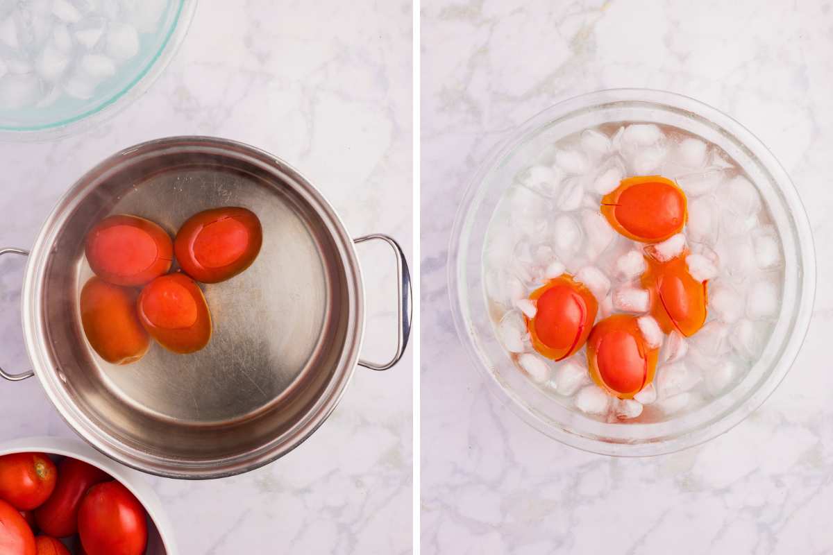 4 tomatoes boiling in pot then placed in ice-water bath.