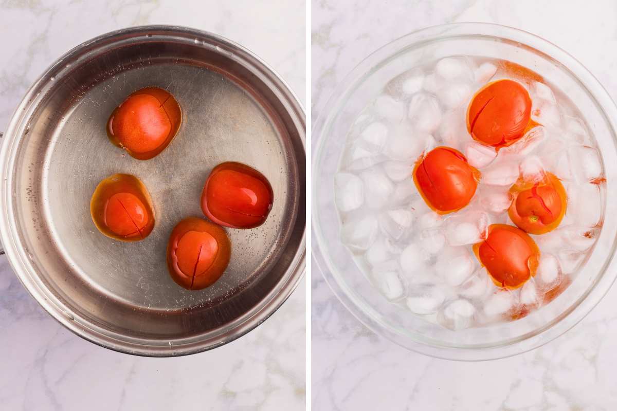tomatoes boiling in pot and then in ice water bath in bowl.