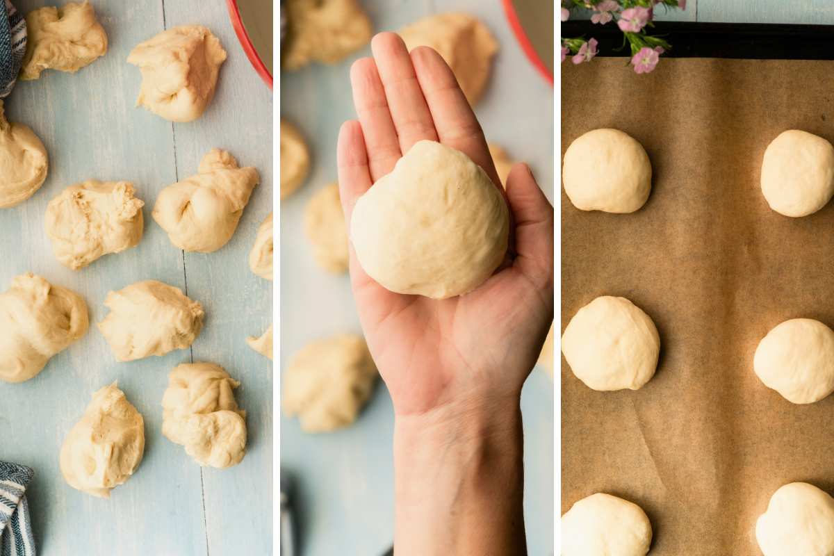 three image collage showing dough split into 8 pieces and shaped into balls.