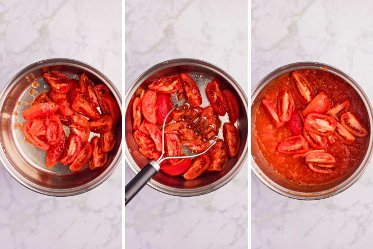 tomato quarters heating in pot, mashed, and more tomatoes added to mixture.
