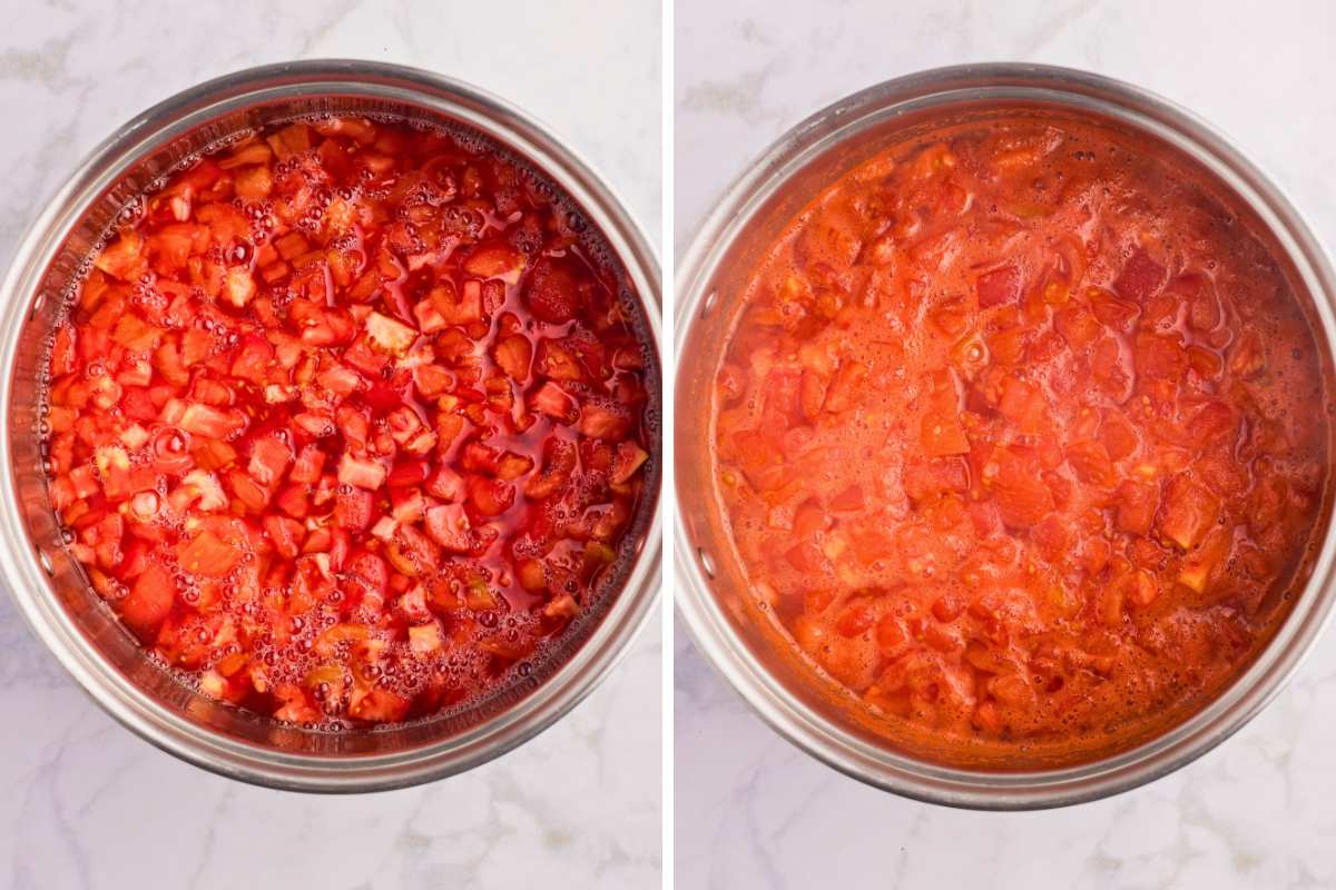 diced tomatoes boiling in water and breaking down.