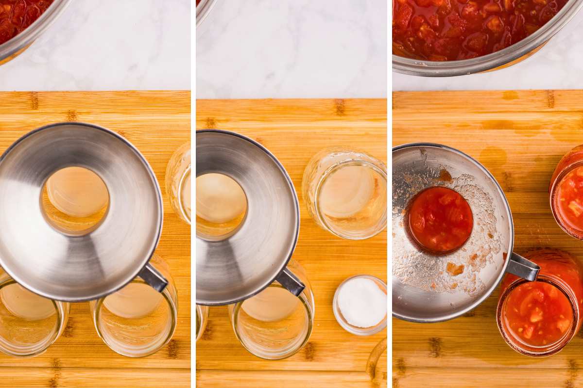 jars filled with lemon juice, salt, and diced tomatoes.