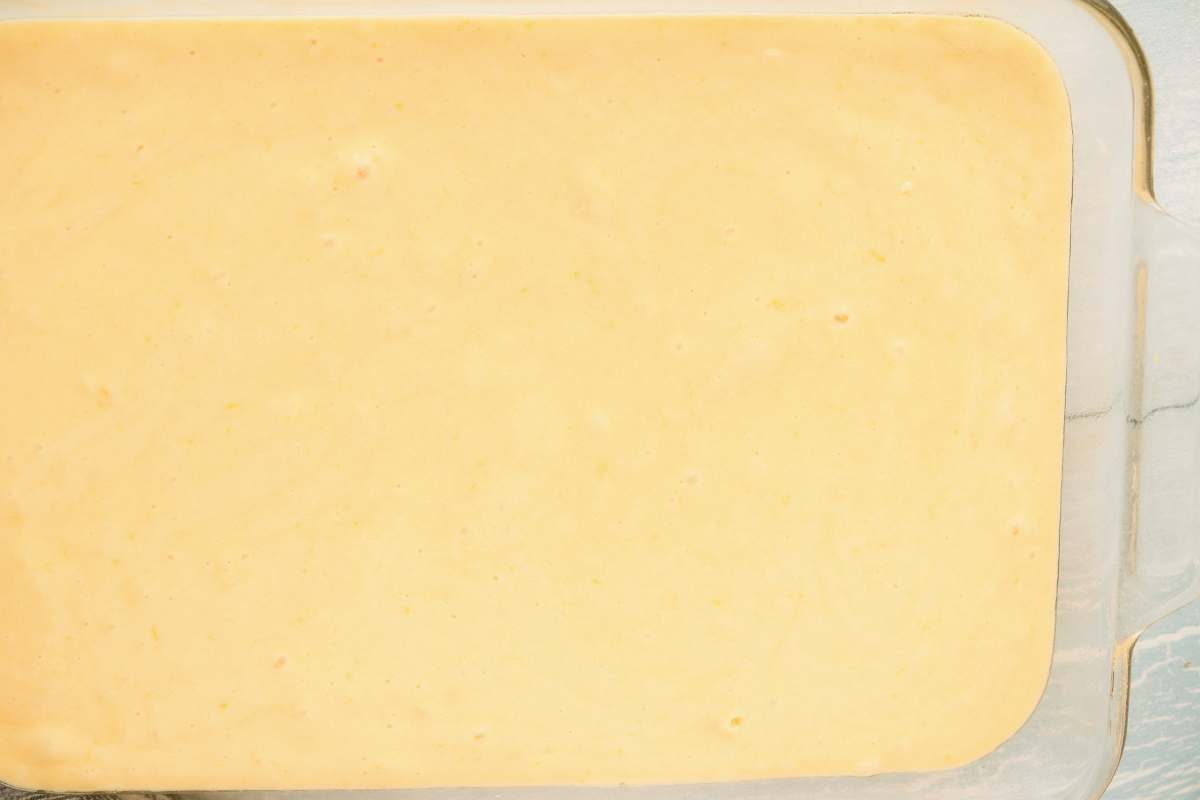 batter poured into glass pan.