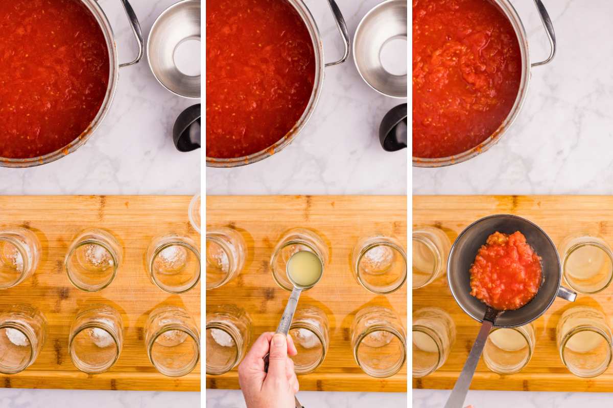 canning salt, lemon juice, and tomato mixture added to jars.