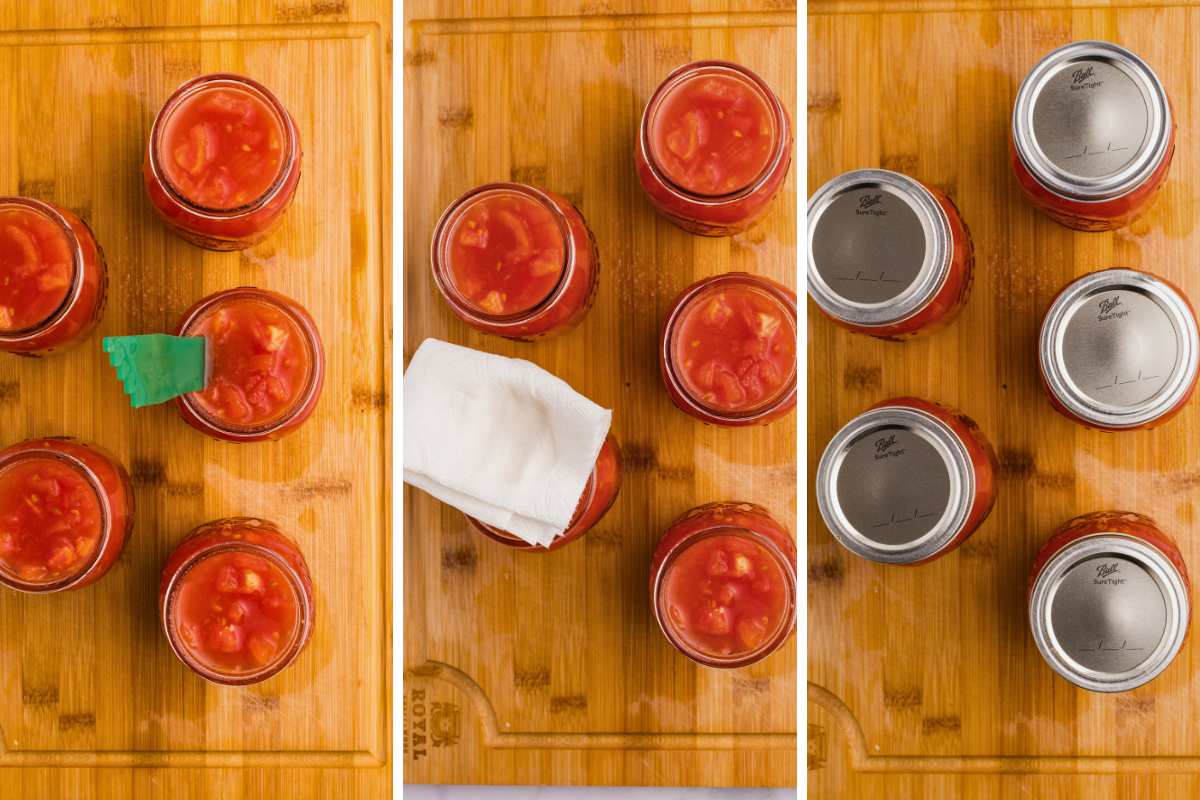 filled jars being debubbled, rims wiped, and lids and rings fastened.