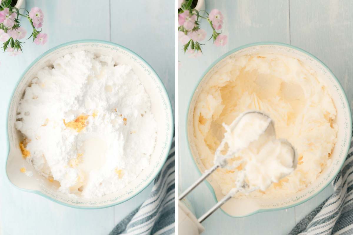 frosting ingredients in bowl and beaten with hand mixer.