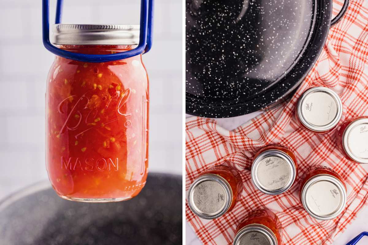 sealed jar lifted out of canner and jars cooling on red and white towel.