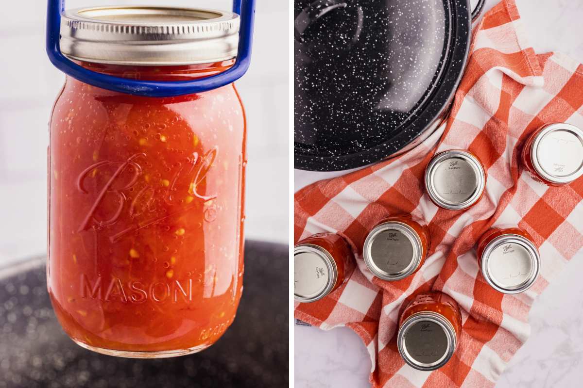 jar lifted out of canner with jar lifter, and jars placed on tea towel on counter.