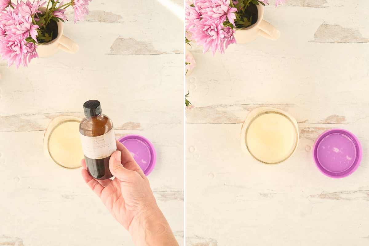 Side-by-side images showing a hand holding a brown bottle (likely essential oil) next to a jar of liquid soap with a purple lid, and the completed soap with the lid closed.