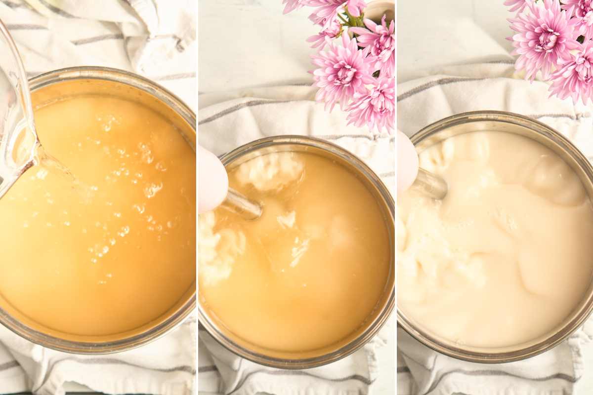 process of blending to trace: A three-panel progression showing the liquid soap's consistency changing over time - from an amber-colored liquid with bubbles on the left, to a stirred middle stage, to a creamy, lighter-colored final product on the right