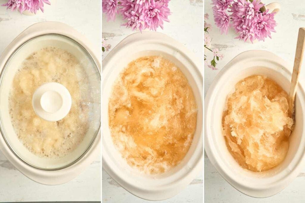 Three-image progression showing the soap-making process in a slow cooker - starting with liquid ingredients, then showing gradual thickening and transformation into a translucent gel-like soap paste.