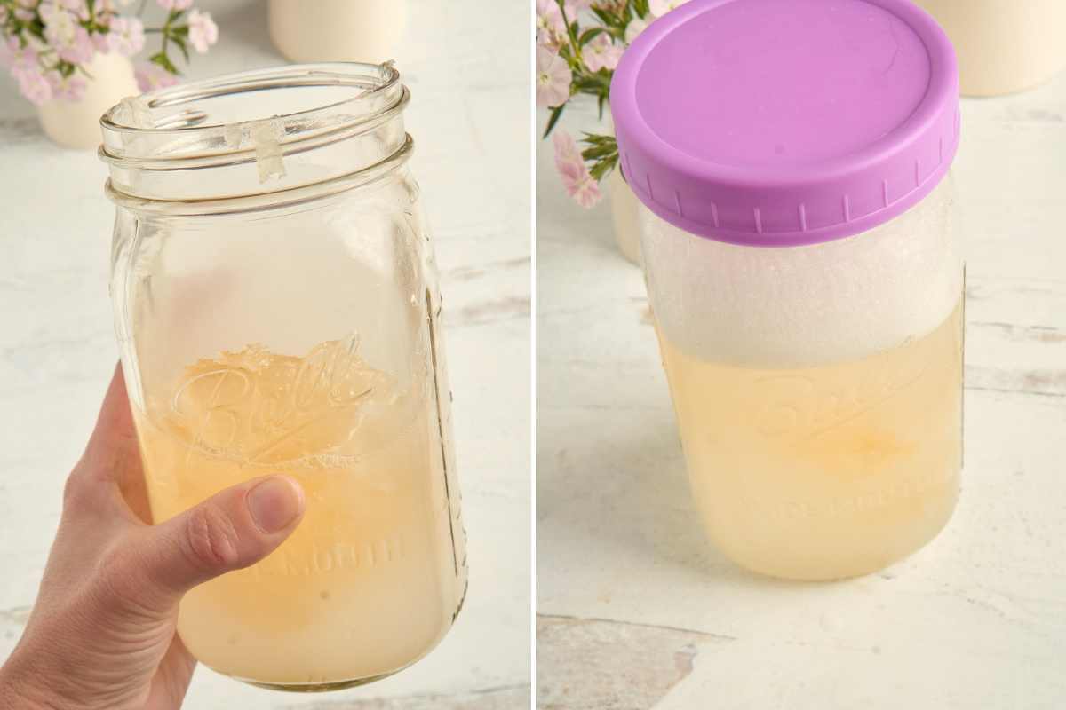 Side-by-side images showing a mason jar with translucent gel-like soap and a plastic container with the same soap topped with a purple lid.