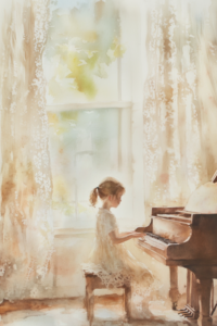 girl playing piano in front of sunny window with lace curtain.