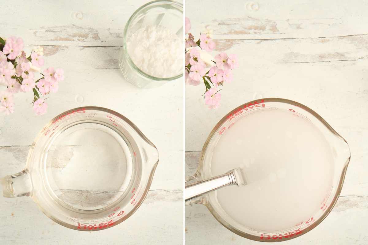 Side-by-side images of a glass measuring cup - empty on the left and filled with a cloudy liquid (lye solution) on the right