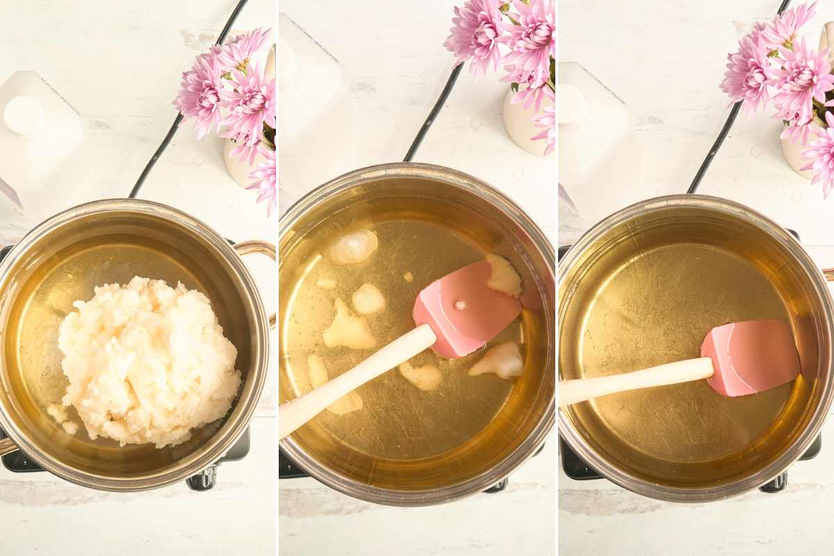 A three-panel progression showing coconut oil being melted in a pot - from solid white coconut oil on the left, to partially melted in the middle, to completely liquefied oil on the right with a pink silicone spatula.