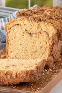sliced quick bread loaf showing swirl in middle.