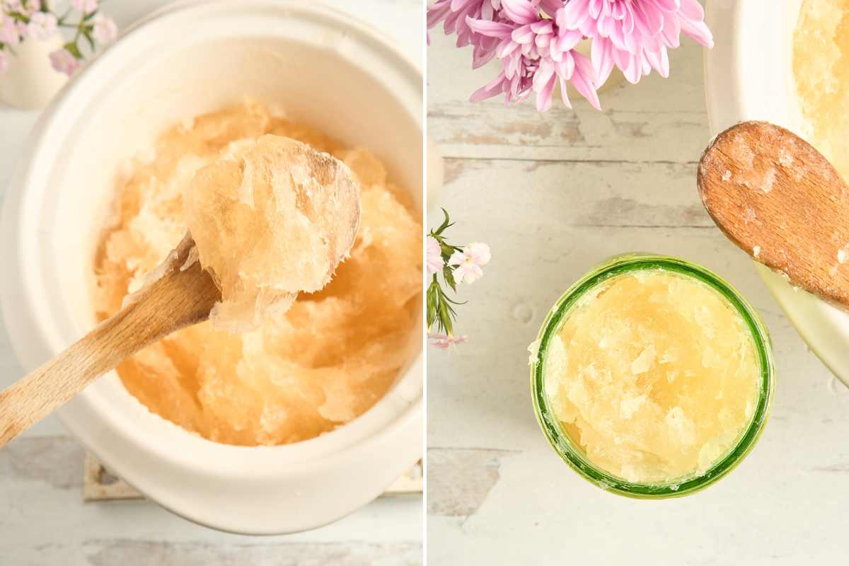Side-by-side images of soap-making process - a white bowl containing translucent soap paste being lifted with a wooden spoon, and a small green glass container of the finished soap paste with a wooden spoon.