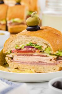 party sub sandwich showing colorful layers inside.
