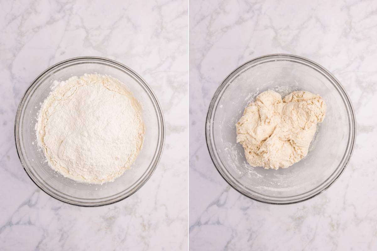 Flour added, then mixed to form sticky sourdough dough.