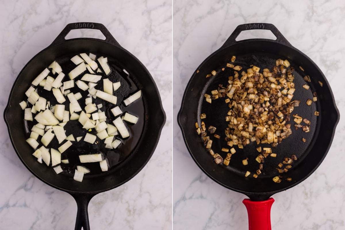 Chopped onions in a skillet, then fully caramelized.