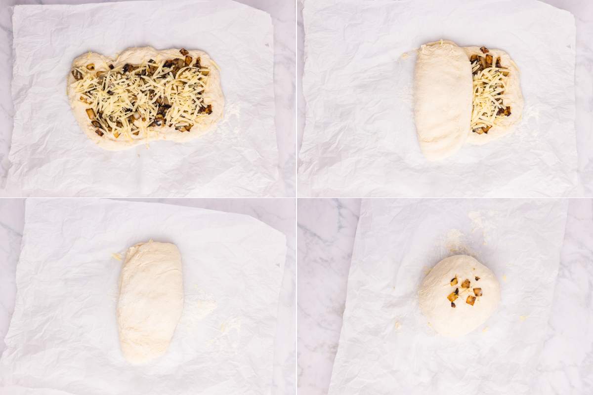  Dough layered with onions and cheese, folded and shaped.
