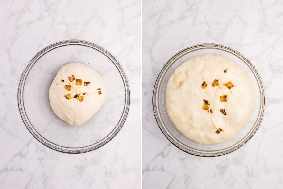  Dough before and after bulk fermentation in a bowl.