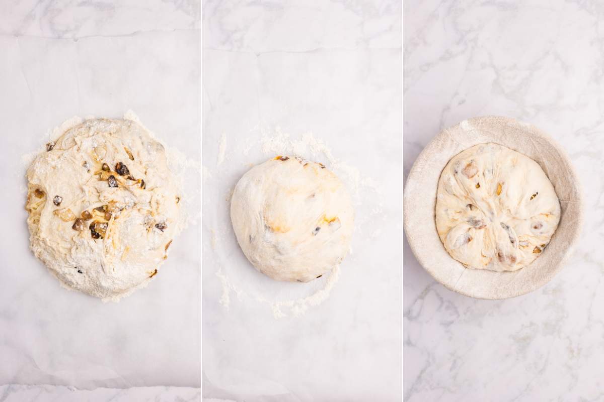 Dough shaped and transferred to a floured banneton.