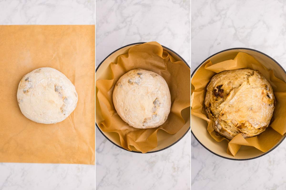 Dough on parchment, placed in Dutch oven, and fully baked.