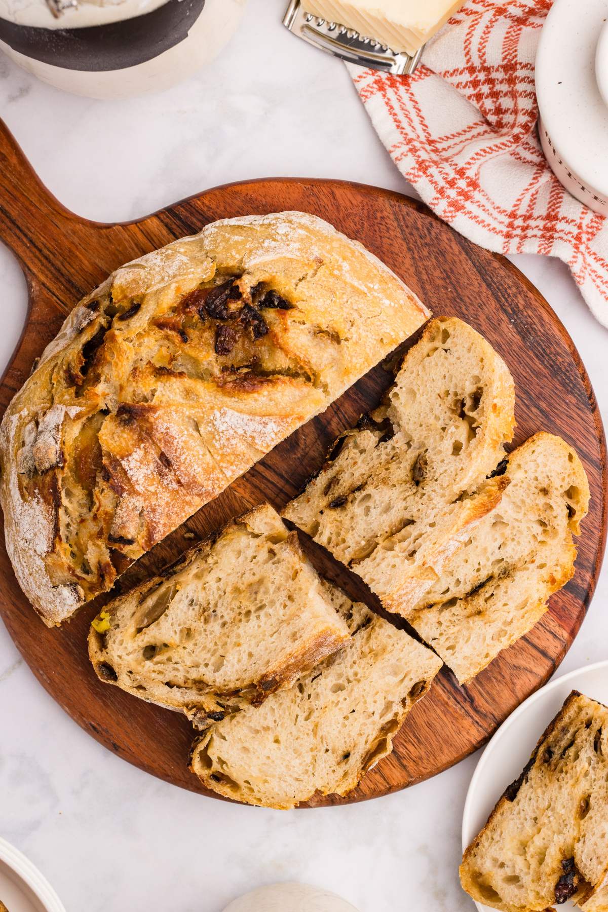 close up view of sliced bread showing onions.