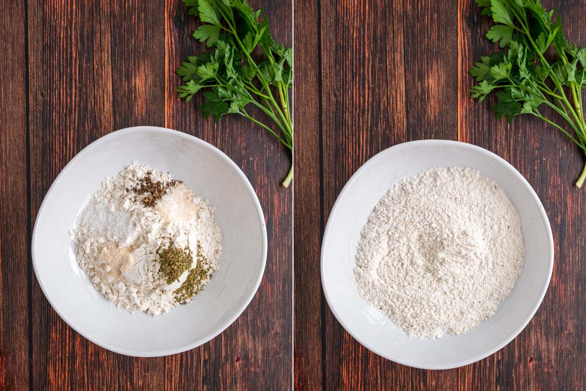 Bowl with flour and seasonings next to fresh parsley.