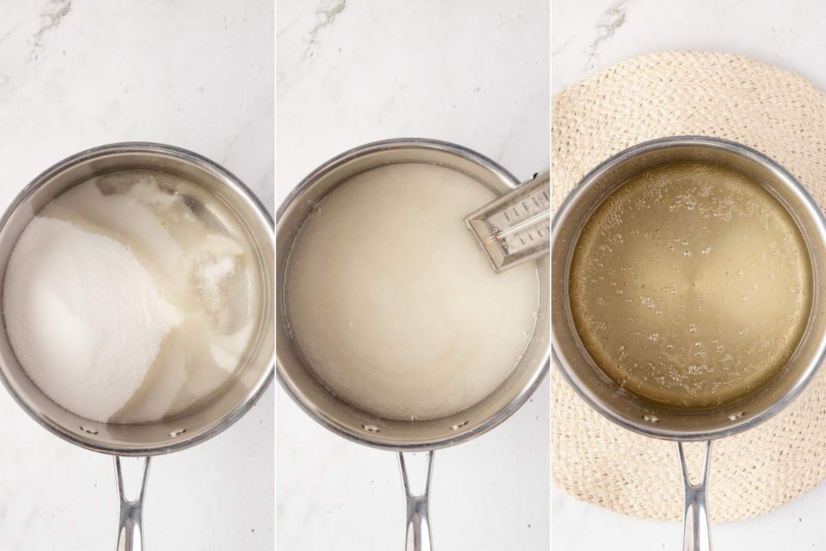 Shows the sugar, corn syrup, water, and salt being combined