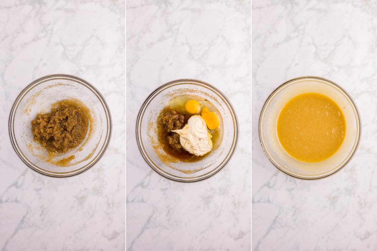 Three-step collage of wet cookie dough ingredients being mixed in a bowl.