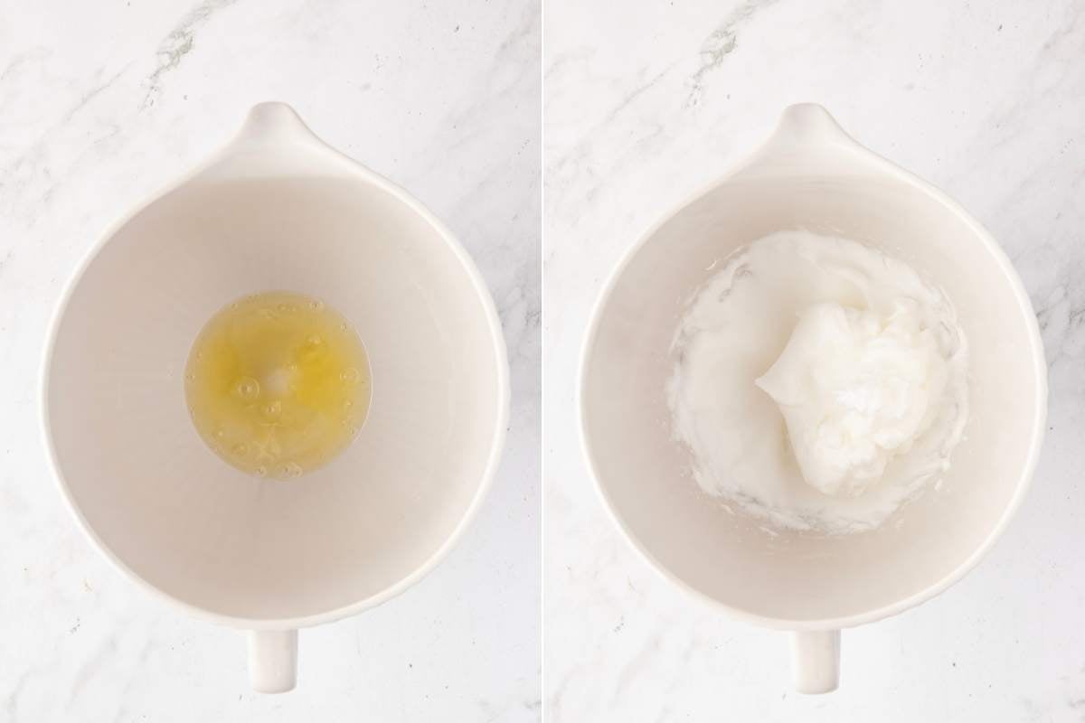 Egg whites, before and after beating—whipping to stiff peaks
