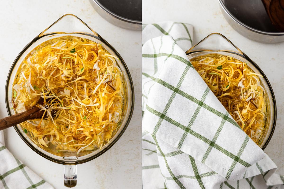 Honeysuckle flowers steeping in water, then covered with a towel.