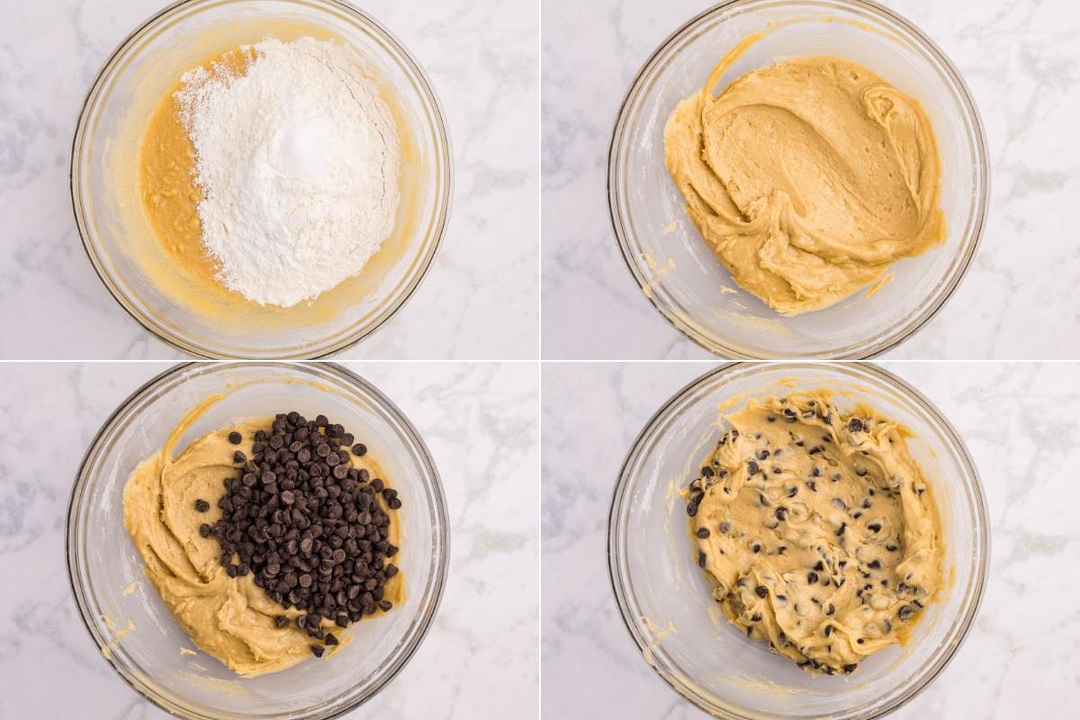 Four-step collage of cookie dough being mixed and combined with chocolate chips.