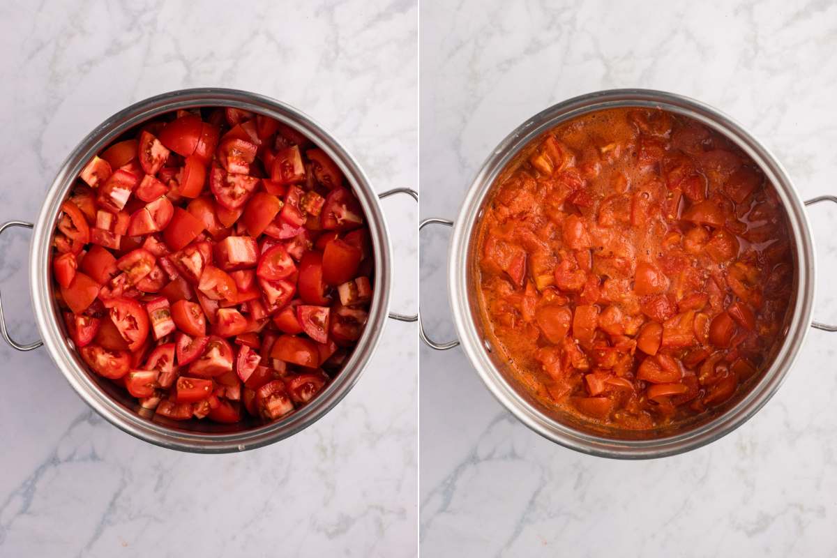 Chopped tomatoes in a pot before and after simmering.
