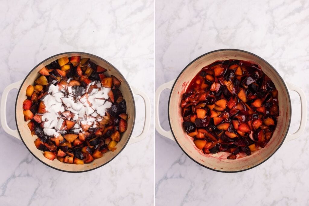 Pectin added to chopped plums, then lightly heated in a pot.