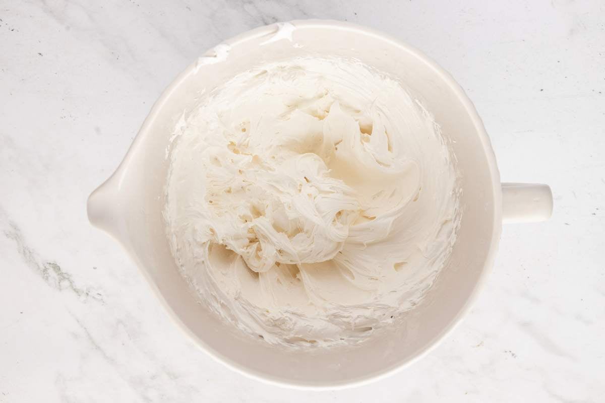 Whipped candy mixture—after syrup has been added and mixed for 5–6 minutes.