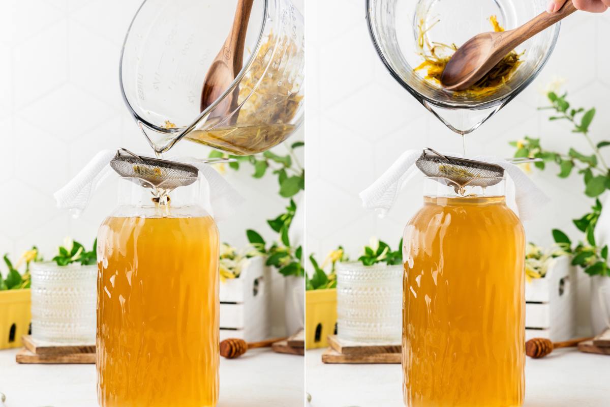 Straining steeped tea into a jar using a sieve and cheesecloth
