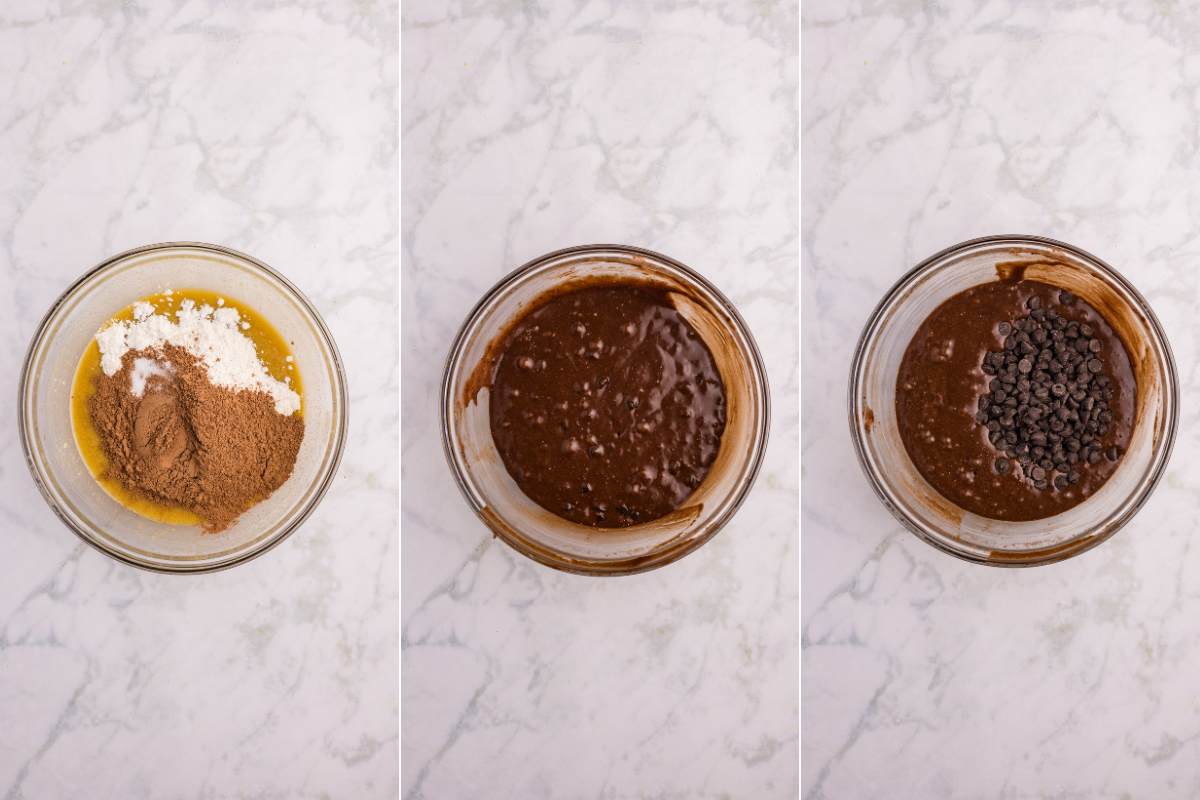 Three-step collage of brownie batter being mixed with cocoa and chocolate chips.