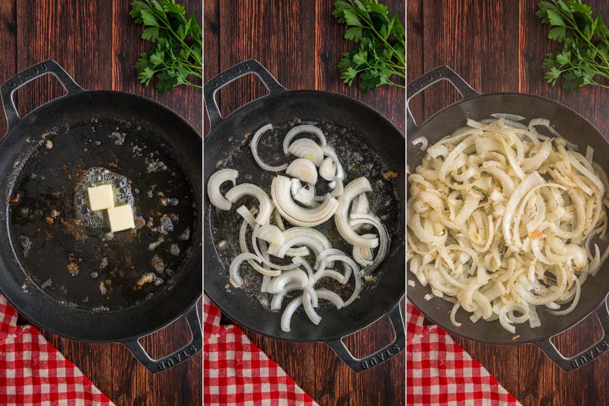 Butter and onions cooking in a cast iron skillet.