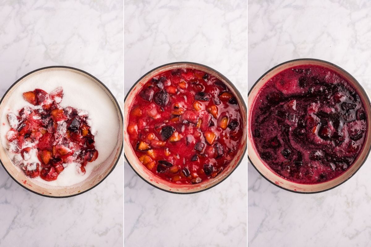 Plum mixture with sugar at different cooking stages in a pot.