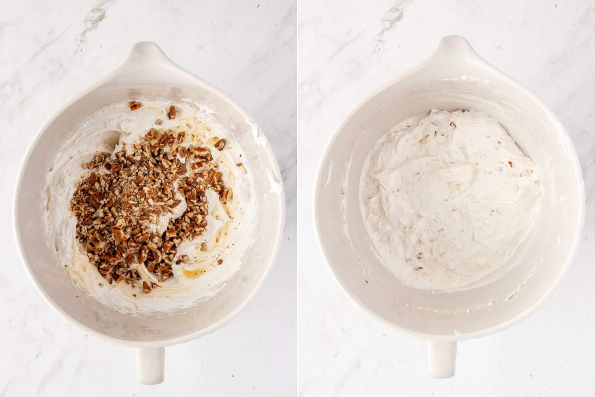 Pecans being added, then fully mixed in—final mix before scooping.