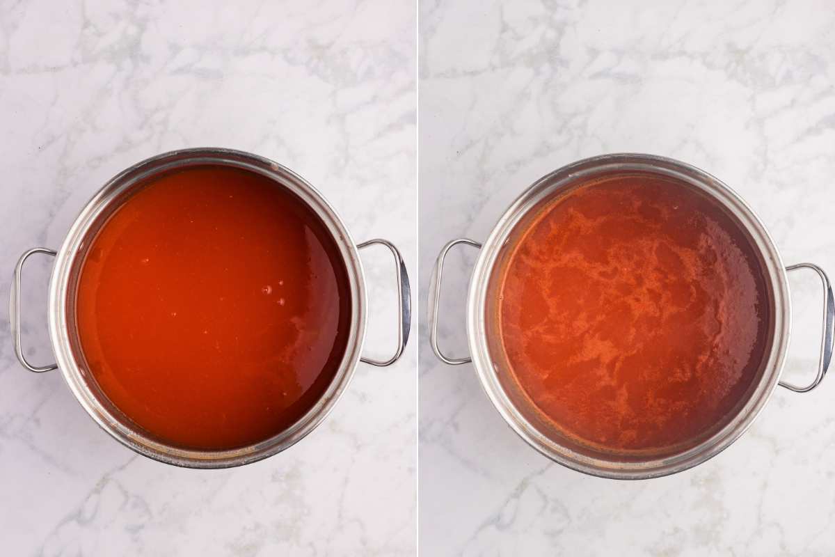Tomato sauce reducing in a pot.