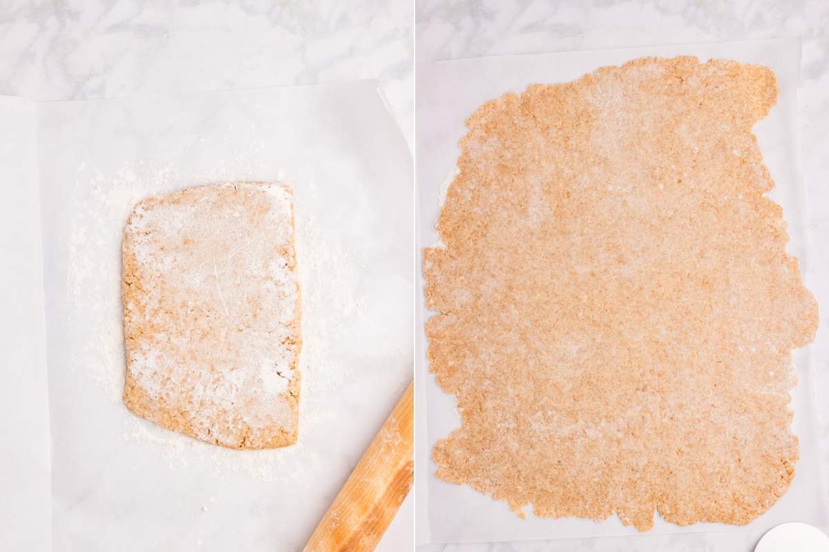 Dough before and after rolling out between parchment sheets.