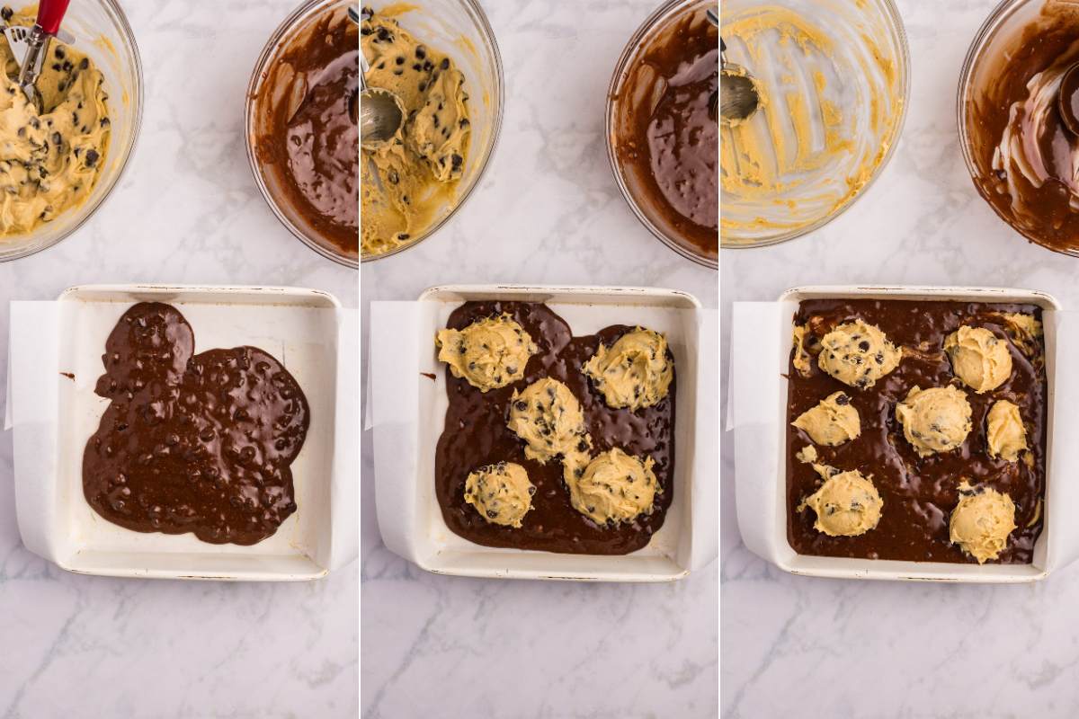 Three-step collage of layering cookie and brownie batters in a baking pan.