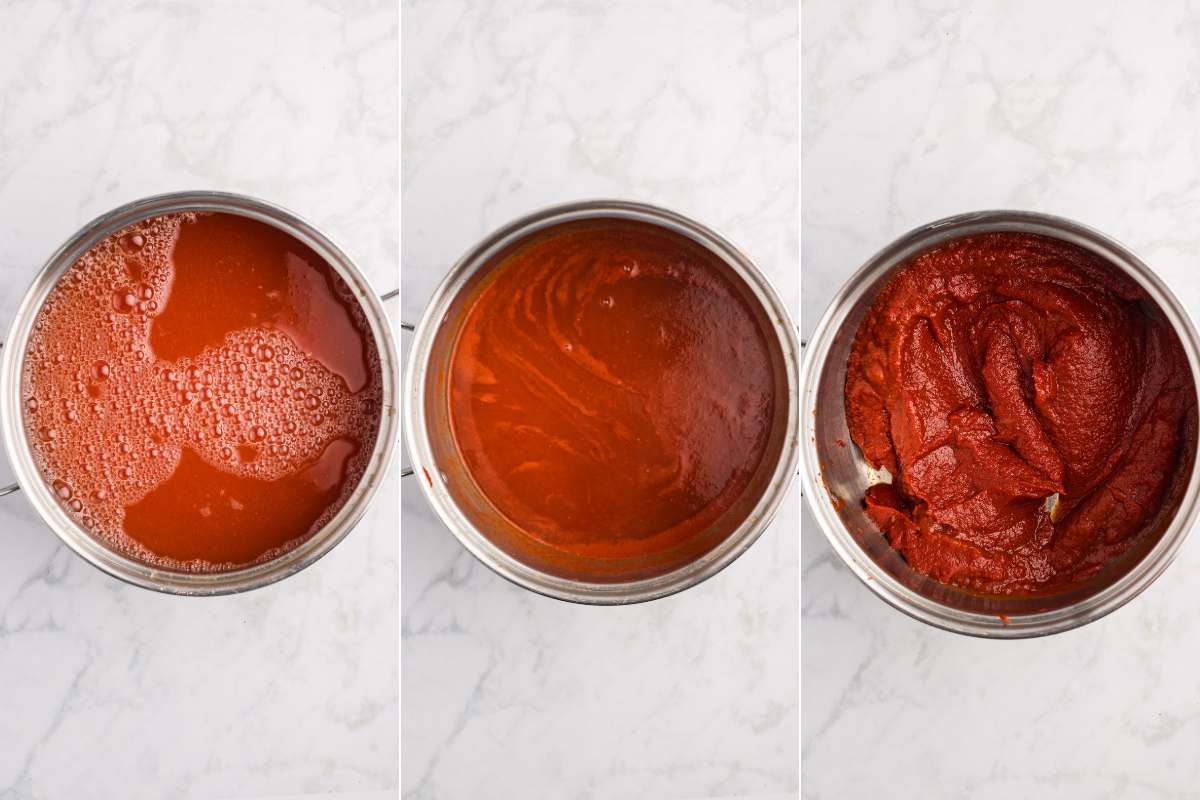 Tomato paste reducing in a pot from liquid to thick consistency.