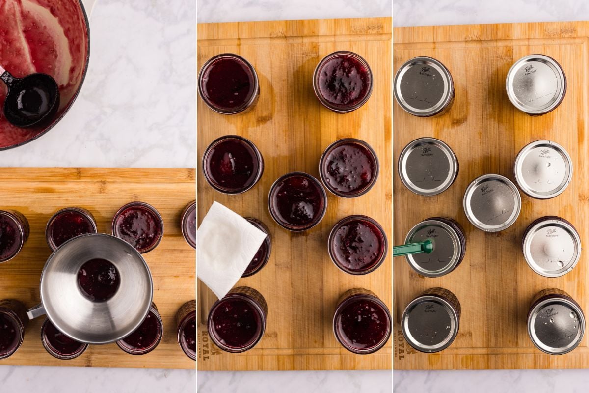 Plum jam being ladled, jarred, wiped, and lids added.