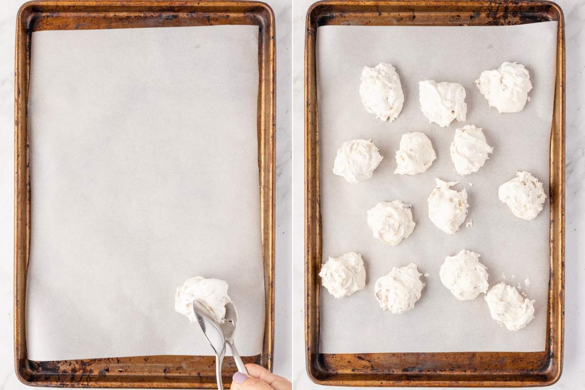 Scooping onto parchment with two spoons—the final shaping step.