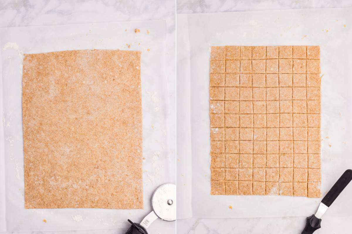 Rolled dough trimmed into a rectangle and cut into squares.